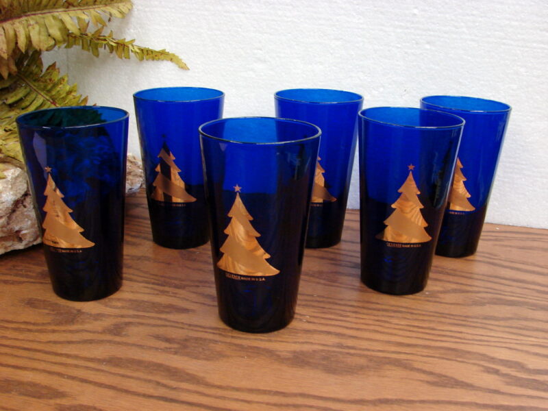 Vintage MCM Cobalt Blue Culver 22kt Gold Tree Highball Glass Set/6, Moose-R-Us.Com Log Cabin Decor