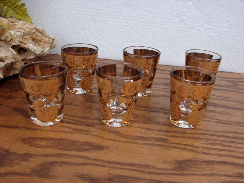 Vintage Culver Florentine Gold Fruit Themed Shot Glass Set/6, Moose-R-Us.Com Log Cabin Decor