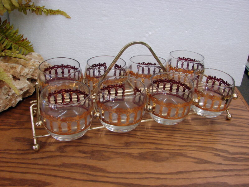 Vintage MCM Culver 22kt Gold Roly Poly Glasses 8 Pc Cradle Caddy, Moose-R-Us.Com Log Cabin Decor