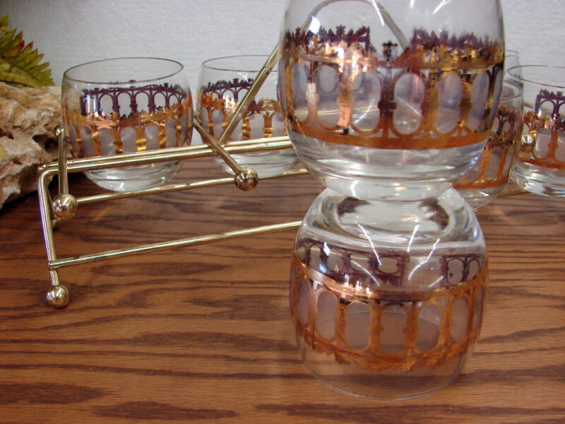 Vintage MCM Culver 22kt Gold Roly Poly Glasses 8 Pc Cradle Caddy, Moose-R-Us.Com Log Cabin Decor