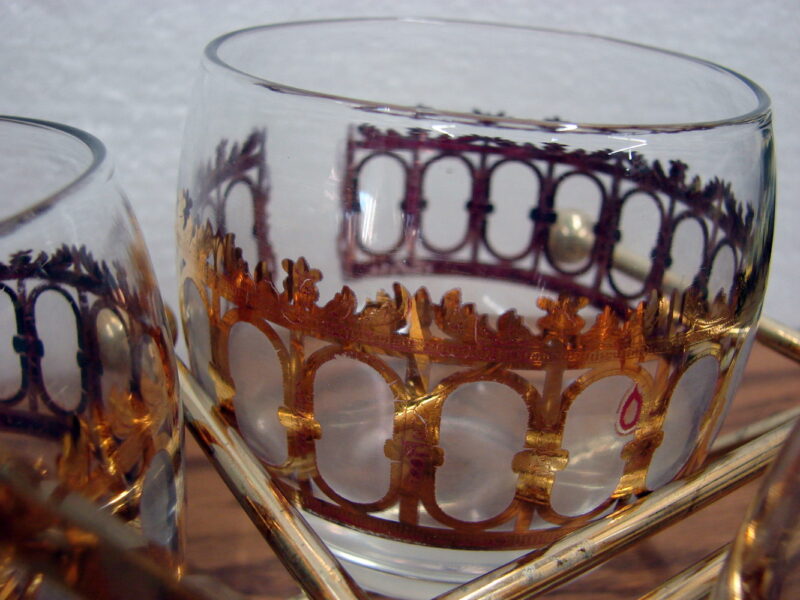 Vintage MCM Culver 22kt Gold Roly Poly Glasses 8 Pc Cradle Caddy, Moose-R-Us.Com Log Cabin Decor