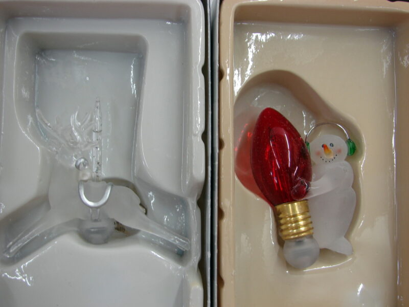 Dept 56 Retired Tiny Bubbles Light Up Ornament 4 Pcs Snowman Reindeer Star, Moose-R-Us.Com Log Cabin Decor