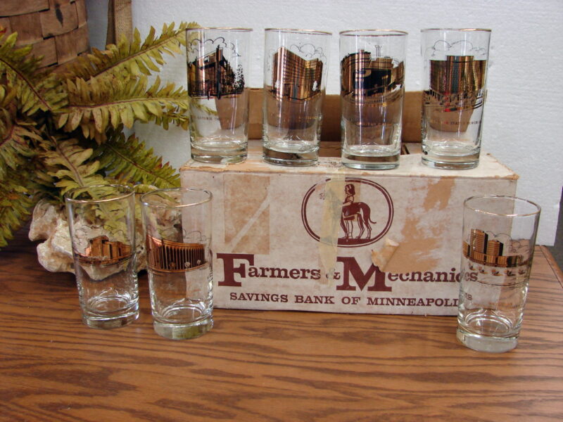 Vintage Libbey Farmers Mechanics Savings Bank Glasses Minneapolis Building Architecture, Moose-R-Us.Com Log Cabin Decor