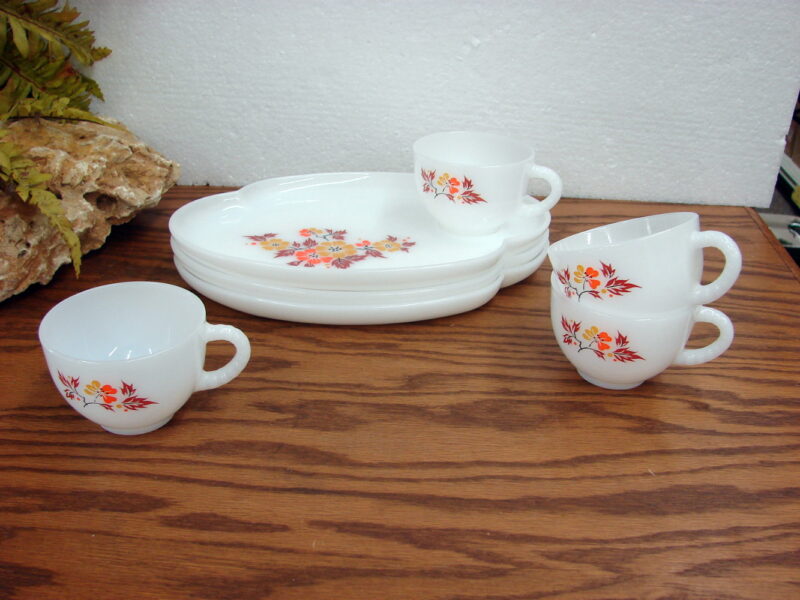 Vintage Federal Glass Co Blossom Milk Glass Snack Set 7 Pcs., Moose-R-Us.Com Log Cabin Decor