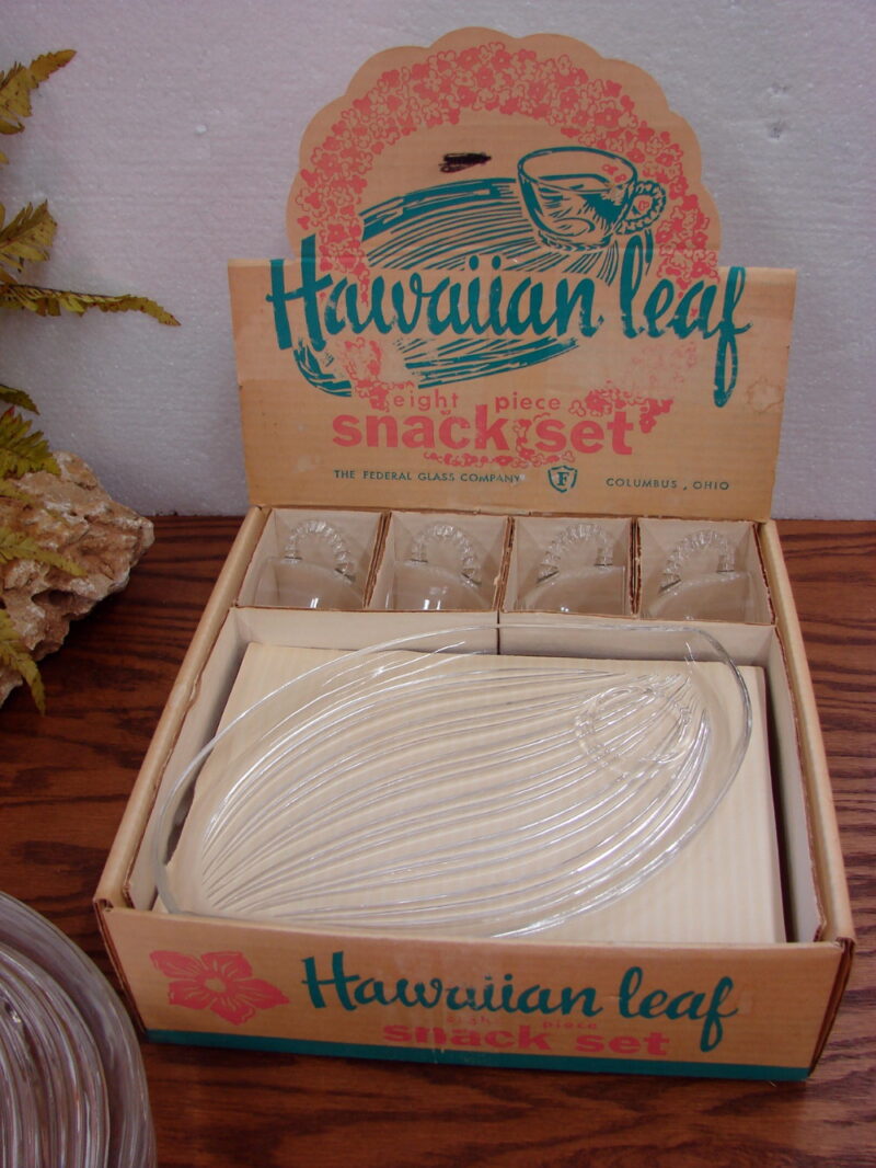 Vintage Federal Glass Hawaiian Leaf Snack Set 12 pc w/ Box, Moose-R-Us.Com Log Cabin Decor