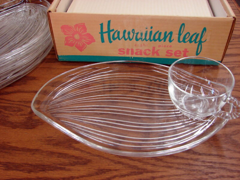 Vintage Federal Glass Hawaiian Leaf Snack Set 12 pc w/ Box, Moose-R-Us.Com Log Cabin Decor