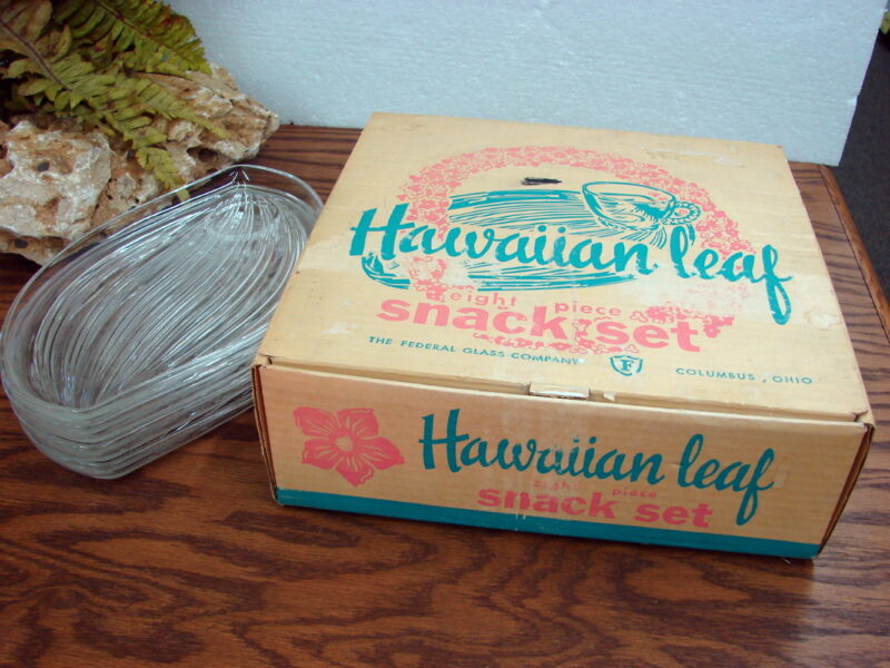 Vintage Federal Glass Hawaiian Leaf Snack Set 12 pc w/ Box, Moose-R-Us.Com Log Cabin Decor