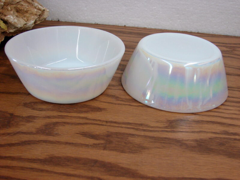 Vintage Federal Glass Iridescent Ramekins Milk Glass Set/2, Moose-R-Us.Com Log Cabin Decor