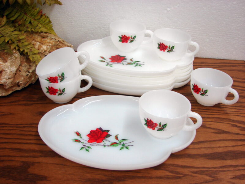 Vintage Federal Glass Red Rose Rosecrest Milk Glass Snack Set 20 pc, Moose-R-Us.Com Log Cabin Decor