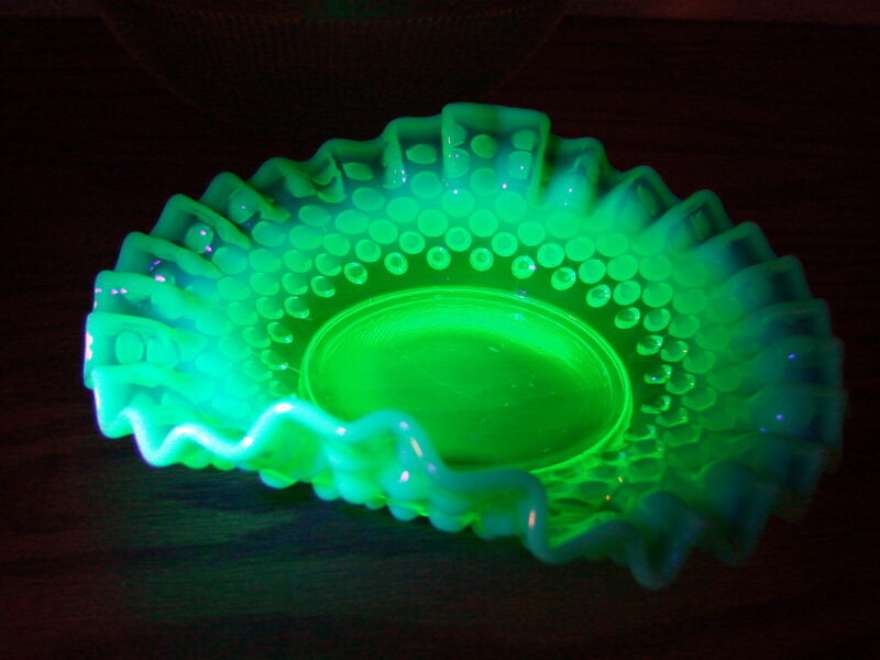 Vintage Vaseline Glass Uranium Fenton Hobnail Ruffled Pinched Edge Dish 6&#8243;, Moose-R-Us.Com Log Cabin Decor