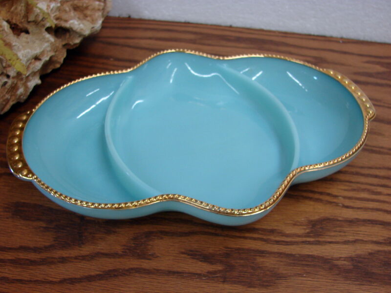 Vintage Fire King Delphite Blue Gold Trim Relish Dish 3 Section, Moose-R-Us.Com Log Cabin Decor