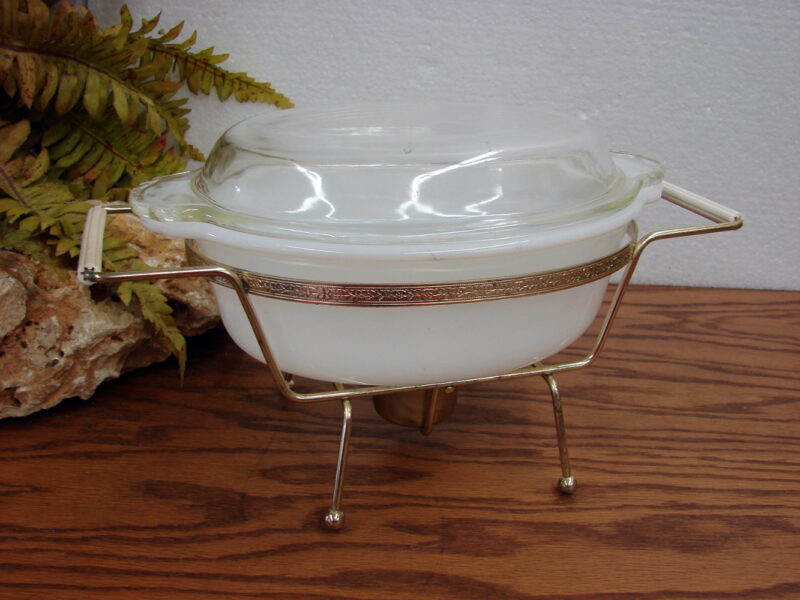 Vintage Fire King Cream Glass Chafing 1 1/2 Quart Casserole w/ Cradle Lid, Moose-R-Us.Com Log Cabin Decor