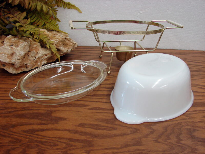 Vintage Fire King Cream Glass Chafing 1 1/2 Quart Casserole w/ Cradle Lid, Moose-R-Us.Com Log Cabin Decor