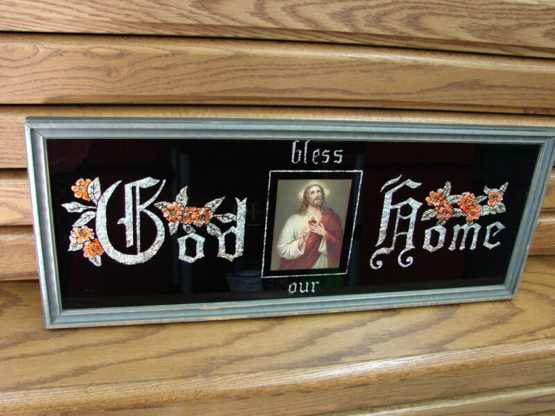 Vintage God Bless Our Home Black Glass Foil Jesus Religious Picture Gorgeous, Moose-R-Us.Com Log Cabin Decor