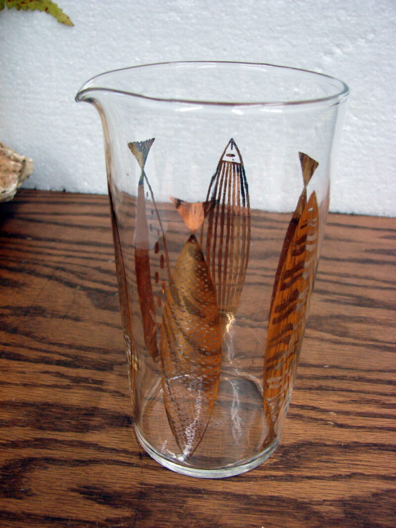 Vintage Fred Press Federal Glass Gold Fish Cocktail Martini Pitcher, Moose-R-Us.Com Log Cabin Decor