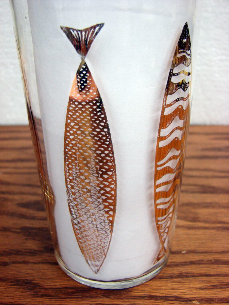 Vintage Fred Press Federal Glass Gold Fish Cocktail Martini Pitcher, Moose-R-Us.Com Log Cabin Decor