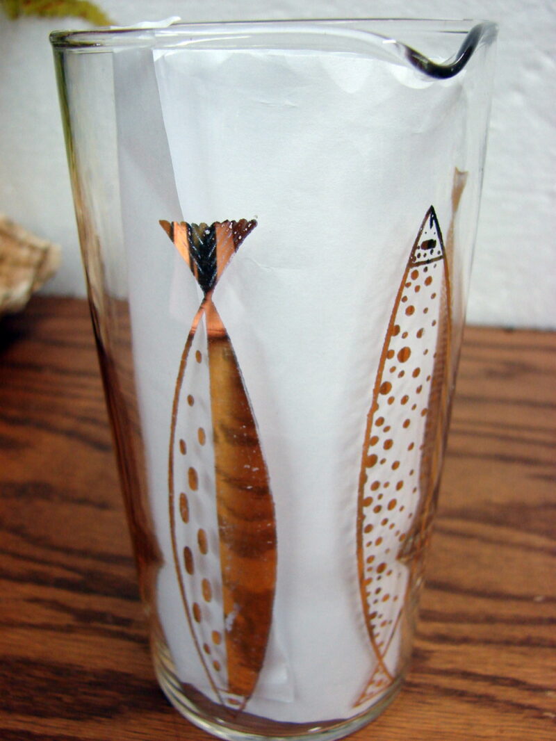 Vintage Fred Press Federal Glass Gold Fish Cocktail Martini Pitcher, Moose-R-Us.Com Log Cabin Decor