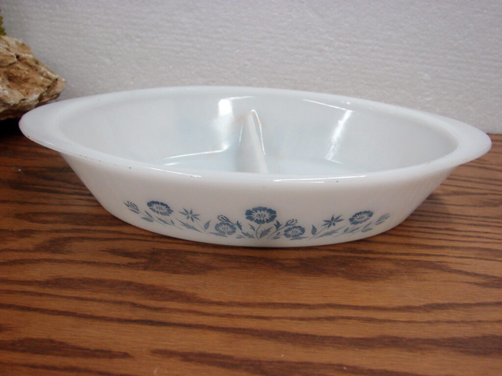 Vintage Glasbake USA Milk Glass Blue Cornflower Divided Dish - Moose-R ...