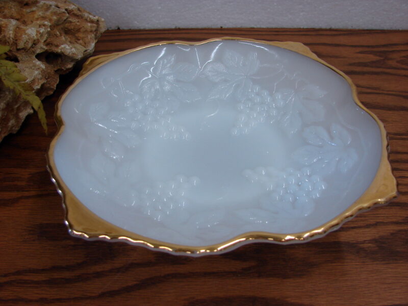 Vintage Anchor Hocking Milk Glass Gold Trim Grape Vine Embossed Bowl, Moose-R-Us.Com Log Cabin Decor