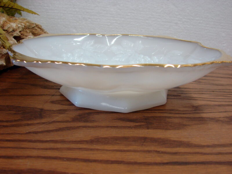 Vintage Anchor Hocking Milk Glass Gold Trim Grape Vine Embossed Bowl, Moose-R-Us.Com Log Cabin Decor