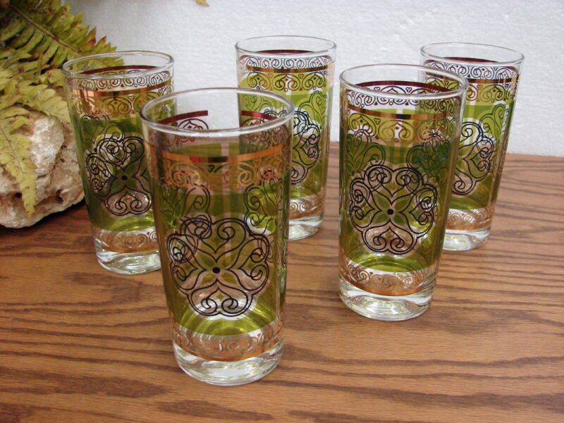 Vintage MCM Avocado Green Gold Stain Glass Highball Glasses Set/5, Moose-R-Us.Com Log Cabin Decor