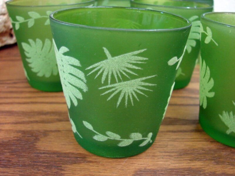 Vintage MCM Green Flocked Barware Highball Glass Leaves Vines 16 pc, Moose-R-Us.Com Log Cabin Decor