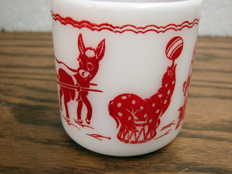 Vintage MCM Hazel Atlas Red Circus Clown Childs Mug Milk Glass, Moose-R-Us.Com Log Cabin Decor