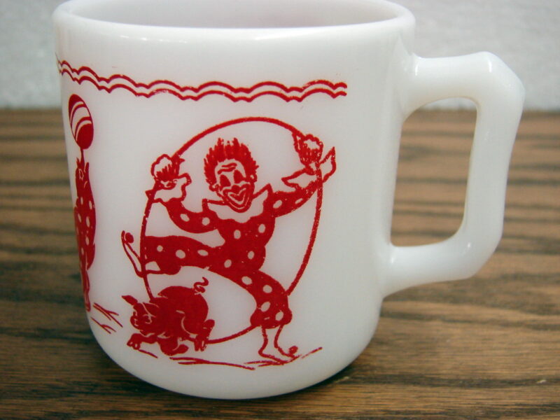 Vintage MCM Hazel Atlas Red Circus Clown Childs Mug Milk Glass, Moose-R-Us.Com Log Cabin Decor