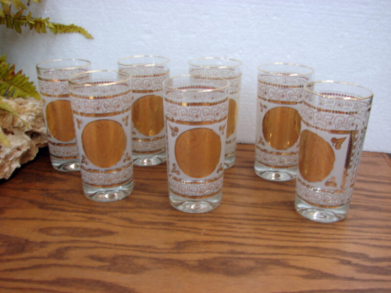 Vintage MCM Hazel Atlas Frosted Gold Leaf Gilt Aztec Highball Glasses Set/7, Moose-R-Us.Com Log Cabin Decor