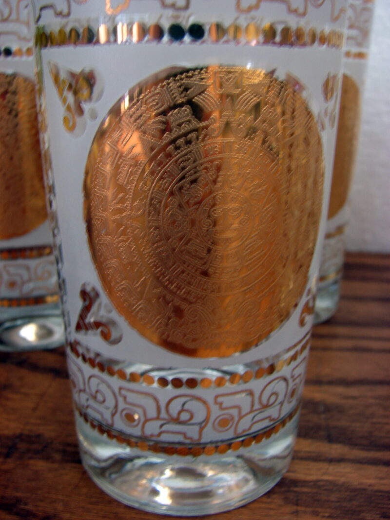 Vintage MCM Hazel Atlas Frosted Gold Leaf Gilt Aztec Highball Glasses Set/7, Moose-R-Us.Com Log Cabin Decor