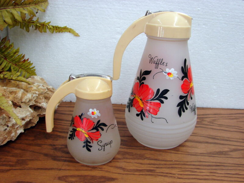 Vintage Hazel Atlas Gay Fad Hand Painted Waffle Batter Syrup Pitcher Flowered Set, Moose-R-Us.Com Log Cabin Decor