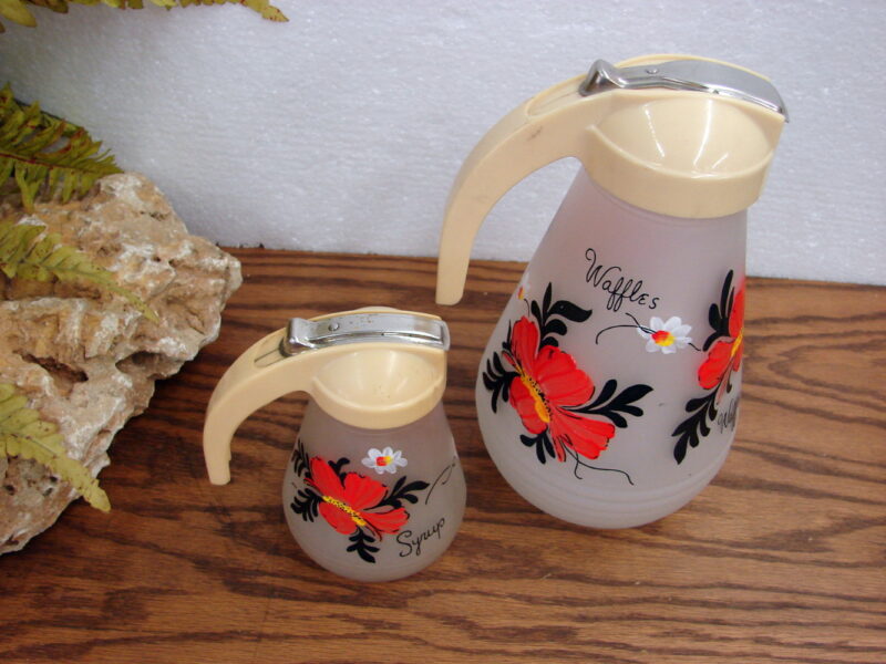 Vintage Hazel Atlas Gay Fad Hand Painted Waffle Batter Syrup Pitcher Flowered Set, Moose-R-Us.Com Log Cabin Decor