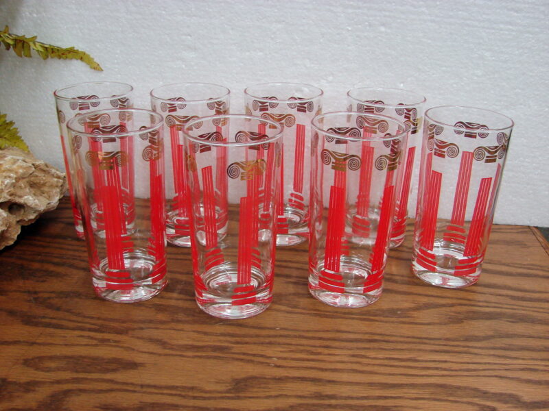 Vintage Barware Art Deco Greek Pillar Gold Red Highball Glass Set/8, Moose-R-Us.Com Log Cabin Decor