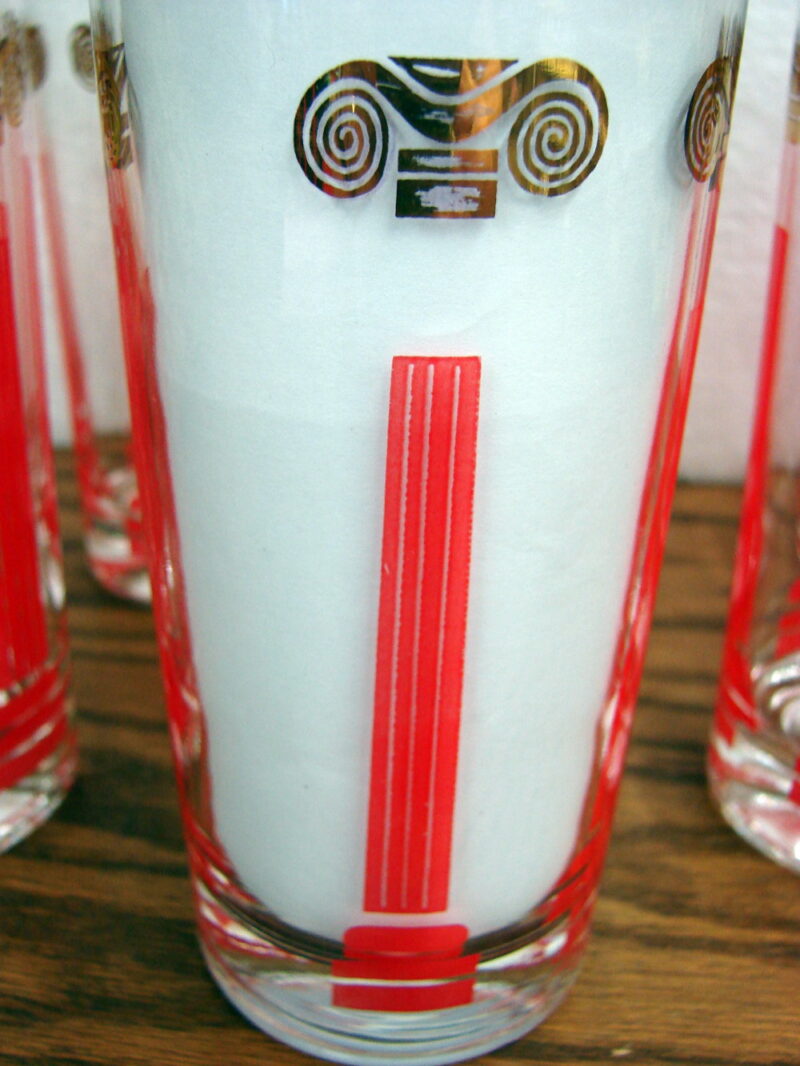 Vintage Barware Art Deco Greek Pillar Gold Red Highball Glass Set/8, Moose-R-Us.Com Log Cabin Decor