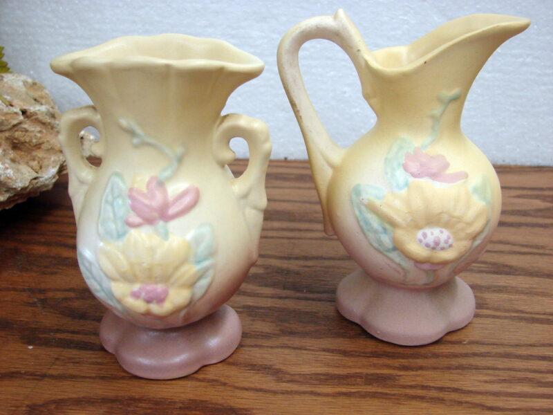 Vintage Hull Pottery Pastel Yellow Magnolia Vase Ewer Set/2, Moose-R-Us.Com Log Cabin Decor