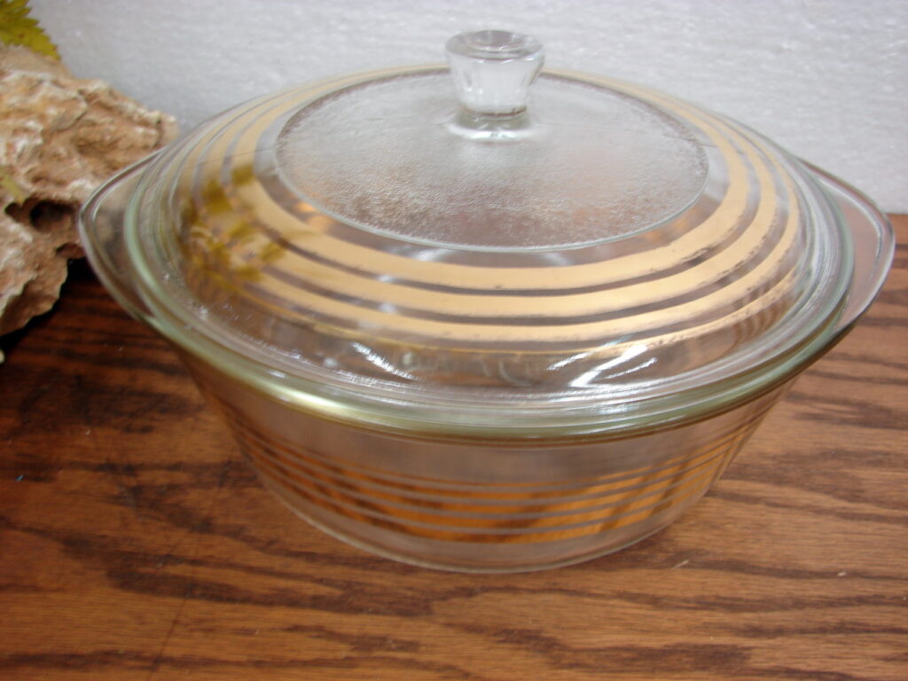 Vintage MCM Inland Glass Casserole Clear Glass Gold Stripe w/ Lid ...