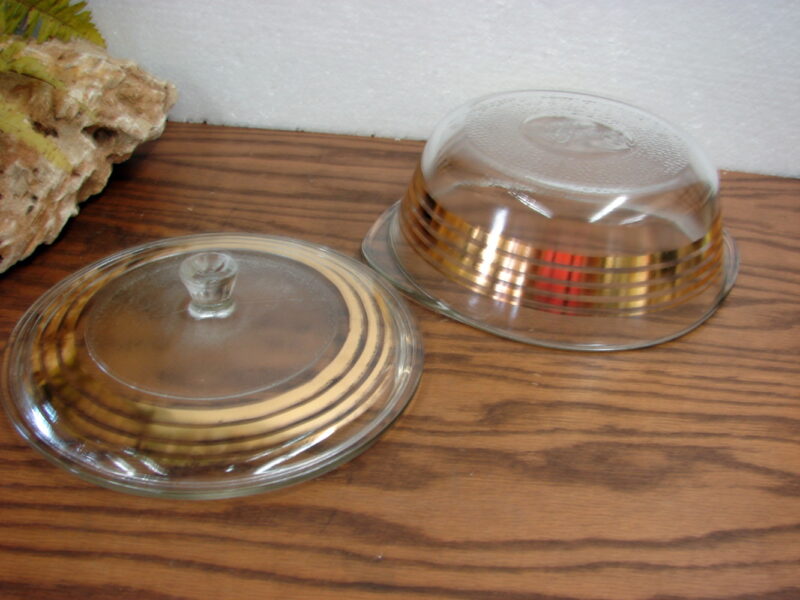 Vintage MCM Inland Glass Casserole Clear Glass Gold Stripe w/ Lid, Moose-R-Us.Com Log Cabin Decor