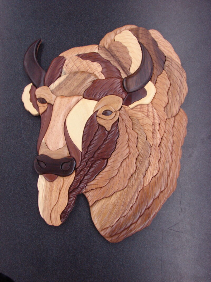 Large Solid Wood Carving Buffalo Bison Head Intarsia Carved Wood, Moose-R-Us.Com Log Cabin Decor