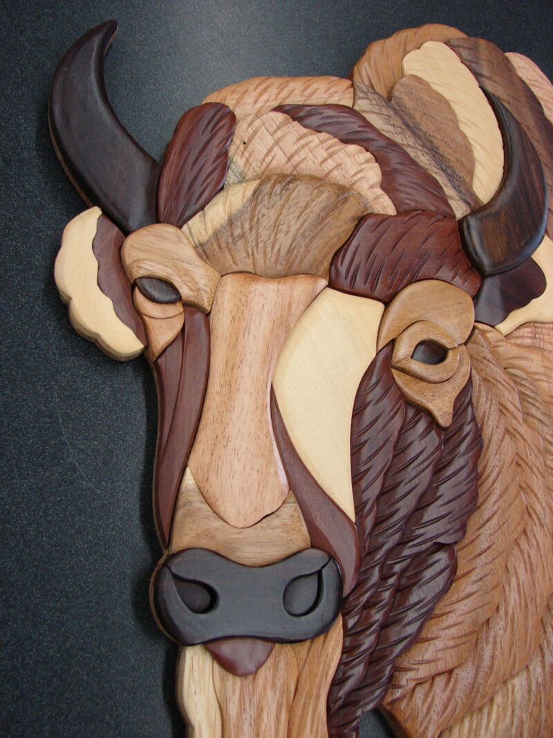 Large Solid Wood Carving Buffalo Bison Head Intarsia Carved Wood, Moose-R-Us.Com Log Cabin Decor