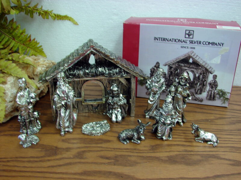 11 Pc Christmas Nativity International Silver Co Creche Figurines in Box, Moose-R-Us.Com Log Cabin Decor