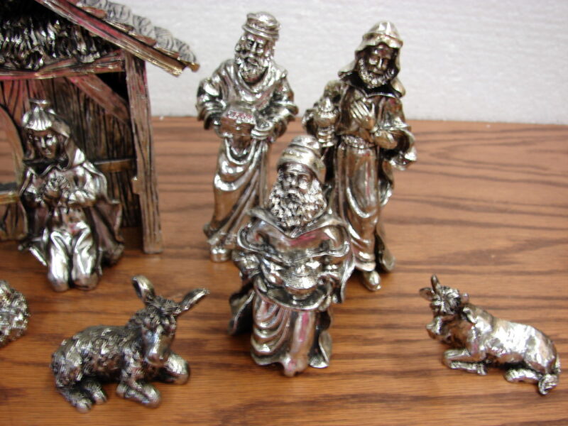 11 Pc Christmas Nativity International Silver Co Creche Figurines in Box, Moose-R-Us.Com Log Cabin Decor