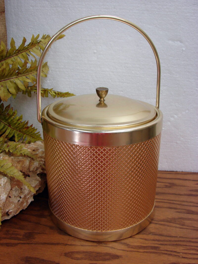 Vintage MCM Gold Italy Ice Bucket Aluminum Diamond Weave Complete, Moose-R-Us.Com Log Cabin Decor