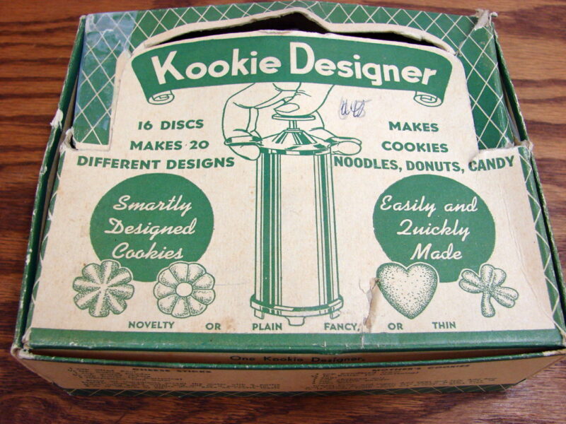 Vintage Cookie Press Plunge Kookie Designer Sears 16 Discs Gun Original Box, Moose-R-Us.Com Log Cabin Decor