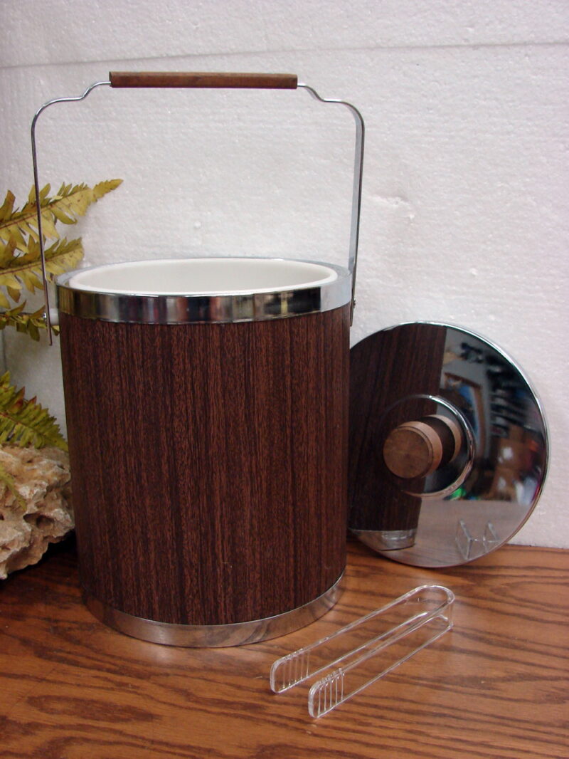 Vintage 1970&#8217;s Kromex Chrome and Wood Grain Ice Bucket w/ Ice Tongs, Moose-R-Us.Com Log Cabin Decor