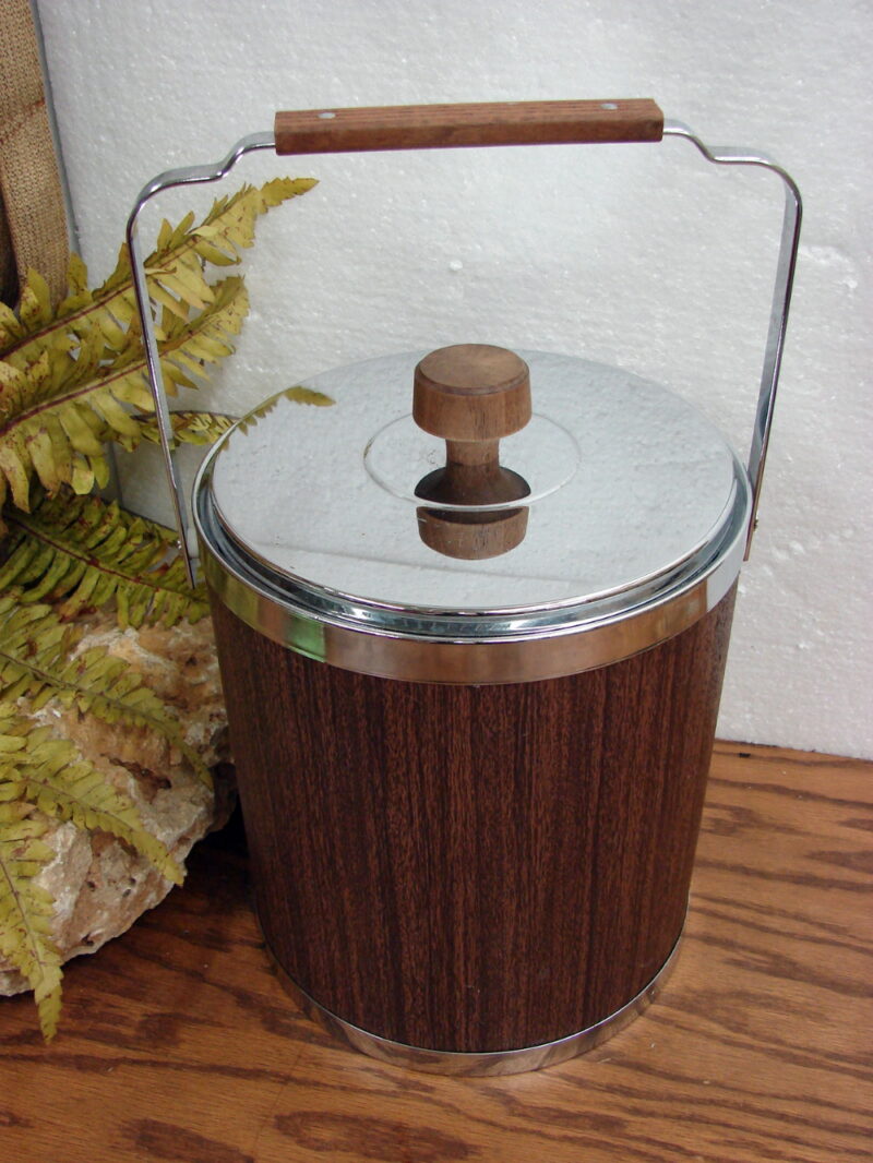 Vintage 1970&#8217;s Kromex Chrome and Wood Grain Ice Bucket w/ Ice Tongs, Moose-R-Us.Com Log Cabin Decor