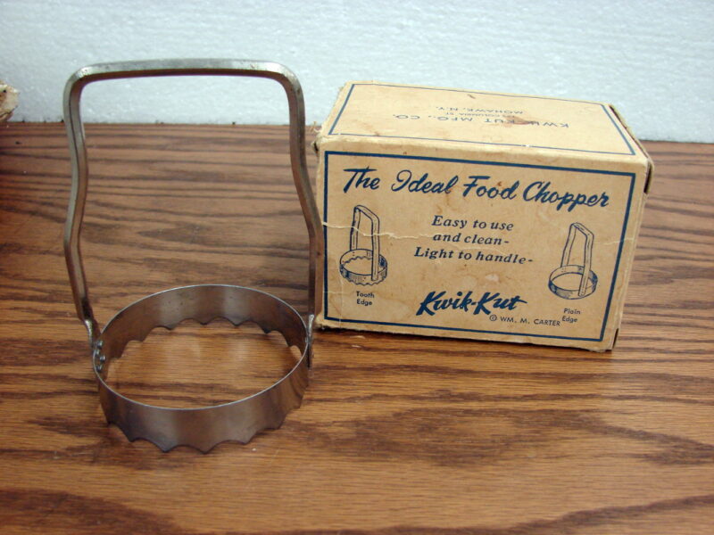 Vintage Kwik Kut Ideal Food Chopper Biscuit Cutter Tooth Edge Box, Moose-R-Us.Com Log Cabin Decor