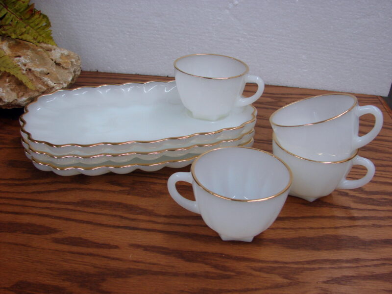 Vintage Anchor Hocking Milk Glass Gold Trim Snack Set Star Bottom Cups Set for 4, Moose-R-Us.Com Log Cabin Decor