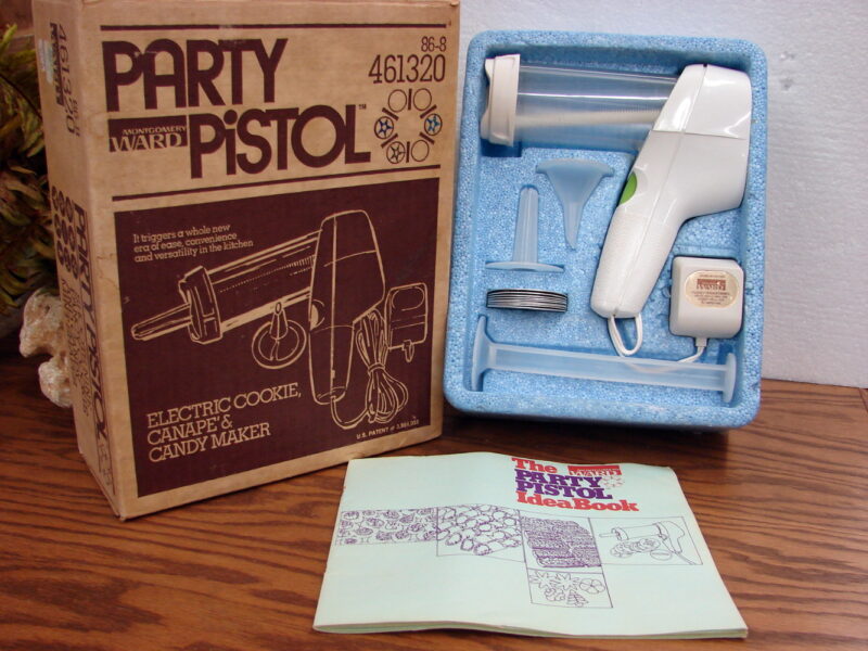 Vintage Montgomery Ward Party Pistol Electric Cookie Canape Candy Maker in Box, Moose-R-Us.Com Log Cabin Decor