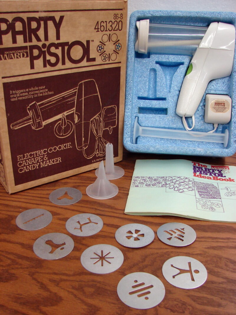 Vintage Montgomery Ward Party Pistol Electric Cookie Canape Candy Maker in Box, Moose-R-Us.Com Log Cabin Decor