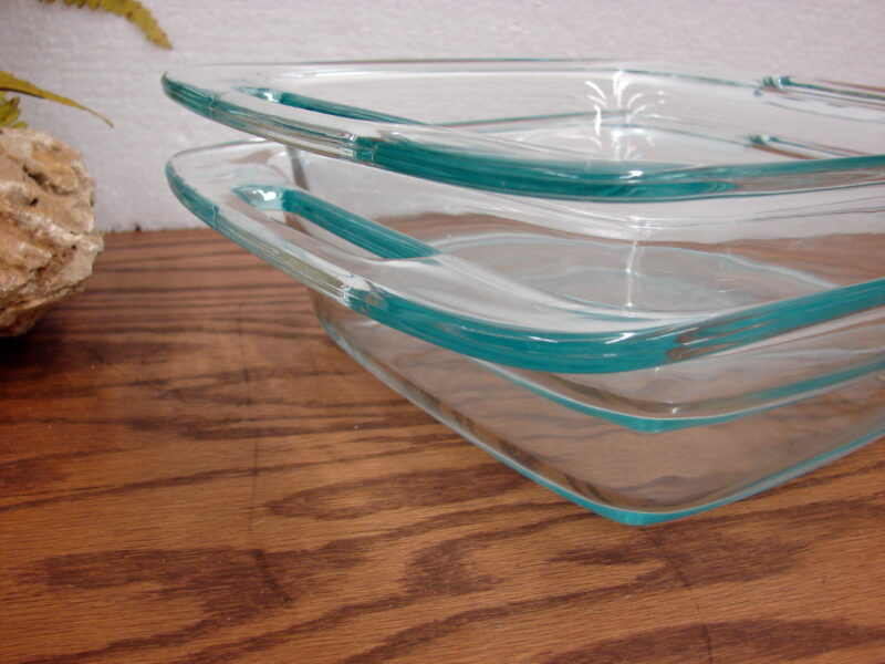 Newer Pyrex Easy Grab Blue Tint 8 x 8 2 Qt Cake Pan Large Handle Set/2, Moose-R-Us.Com Log Cabin Decor